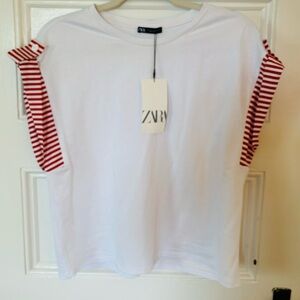 Zara Nautical theme white t-shirt with stripe sleeves. Size Small